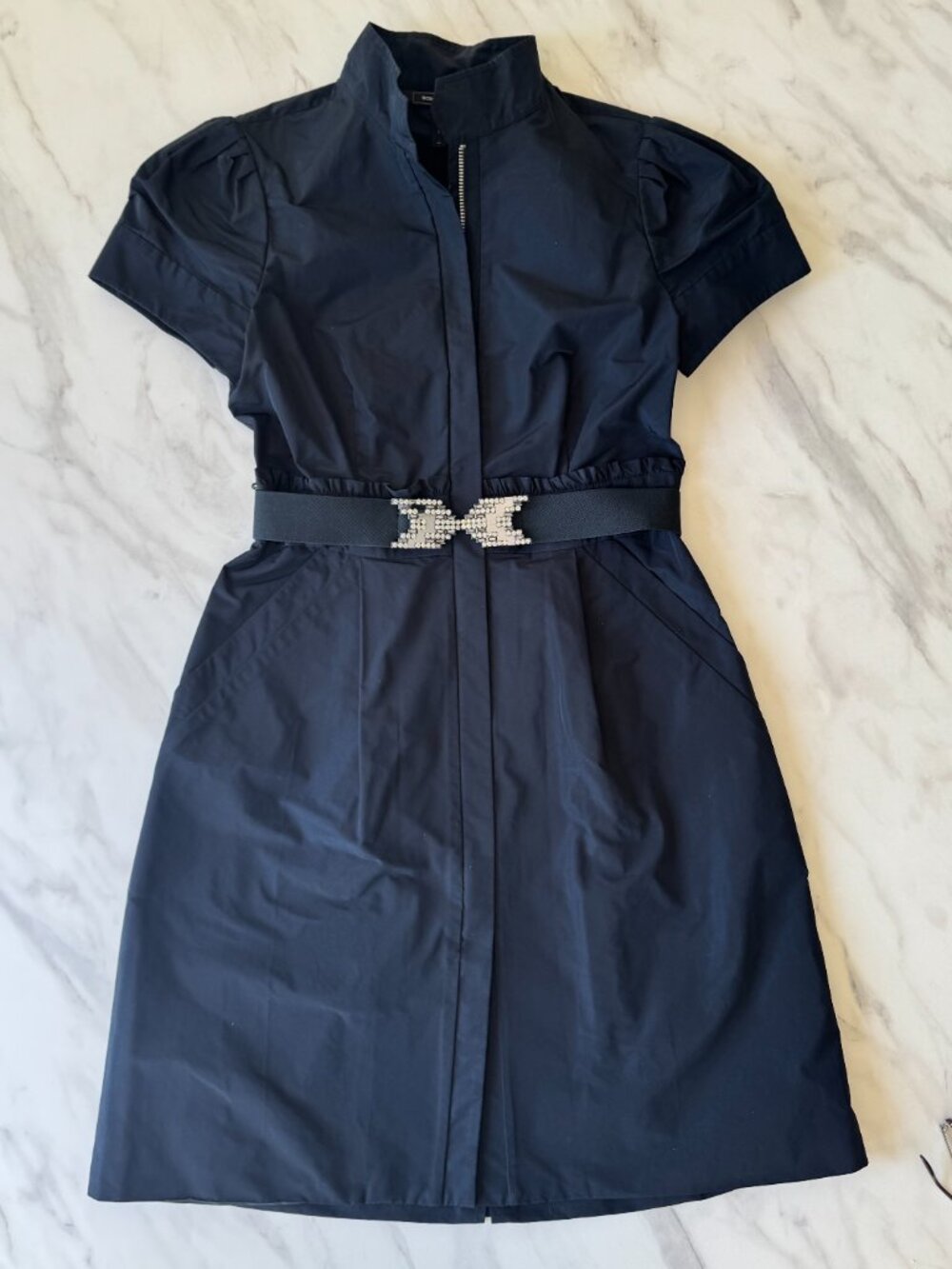 BCBG Taffeta Belted Dress | Ruffle Waist Detail | Size 6 | Purchased in Paris